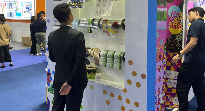 A wide ranged of printed label products are on display for visitors.